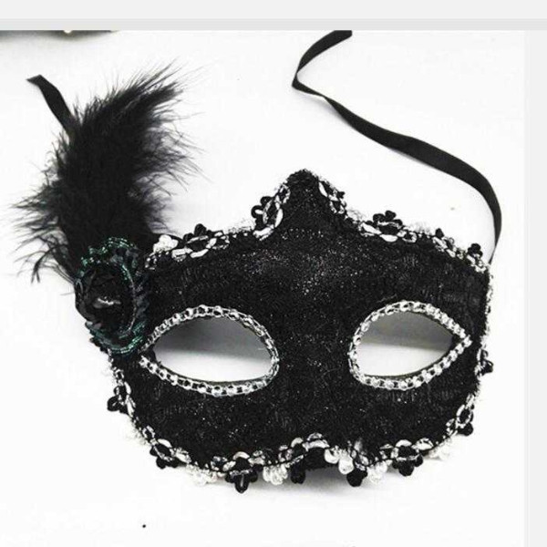 Halloween Mask Feather and Lace Mix Design Black Color